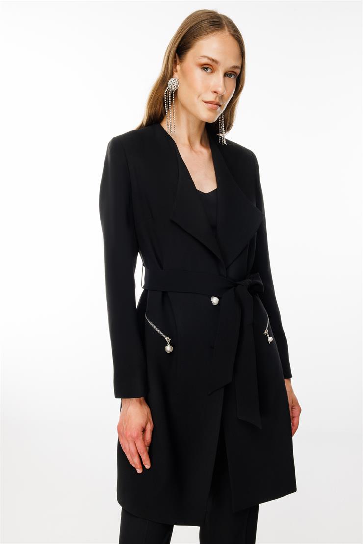 Modailgi  Şal Yaka Belden Kuşaklı Uzun Ceket Siyah