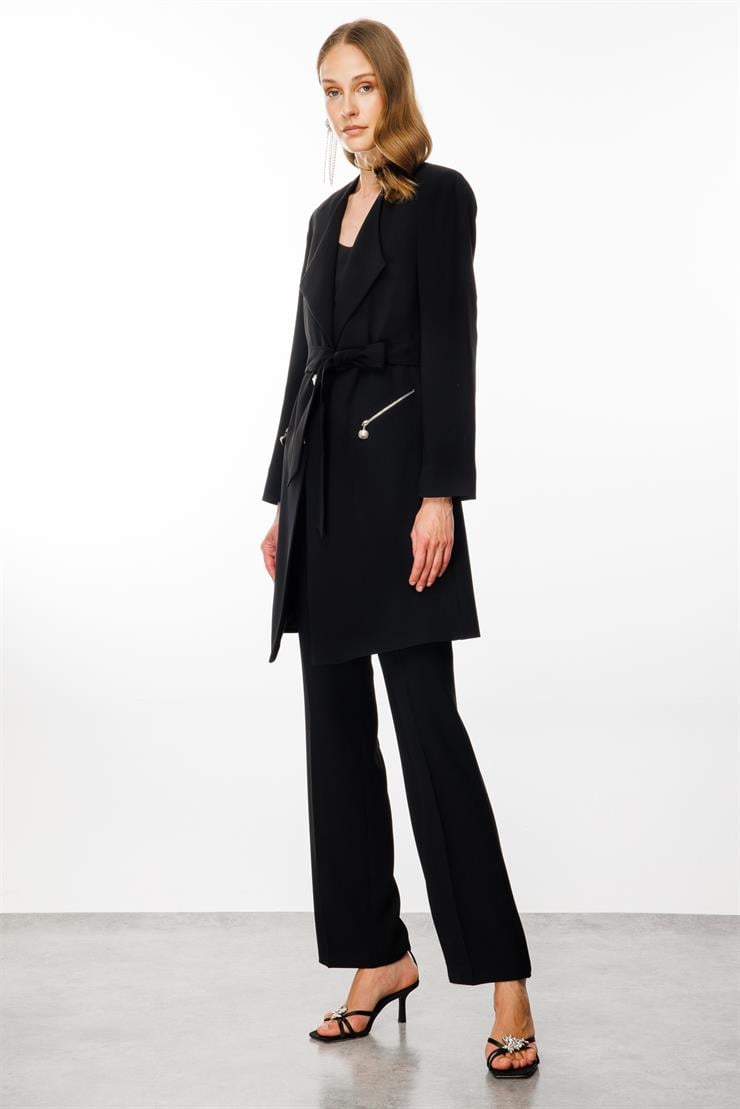 Modailgi  Şal Yaka Belden Kuşaklı Uzun Ceket Siyah