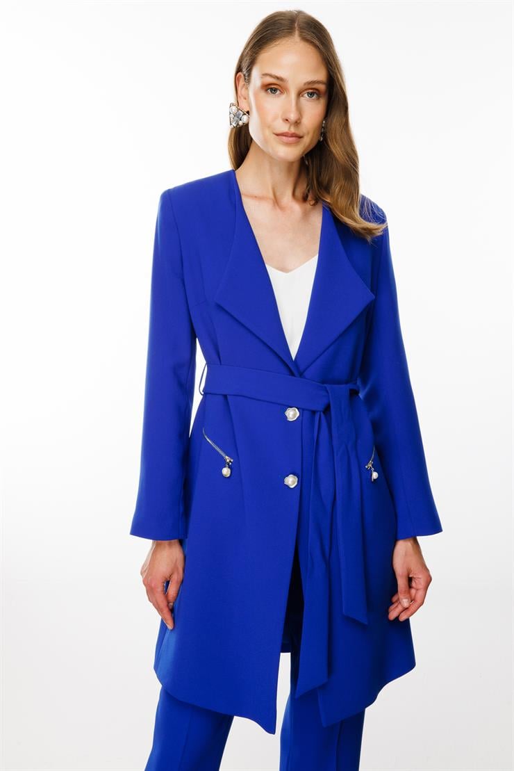 Modailgi  Şal Yaka Belden Kuşaklı Uzun Ceket Saks