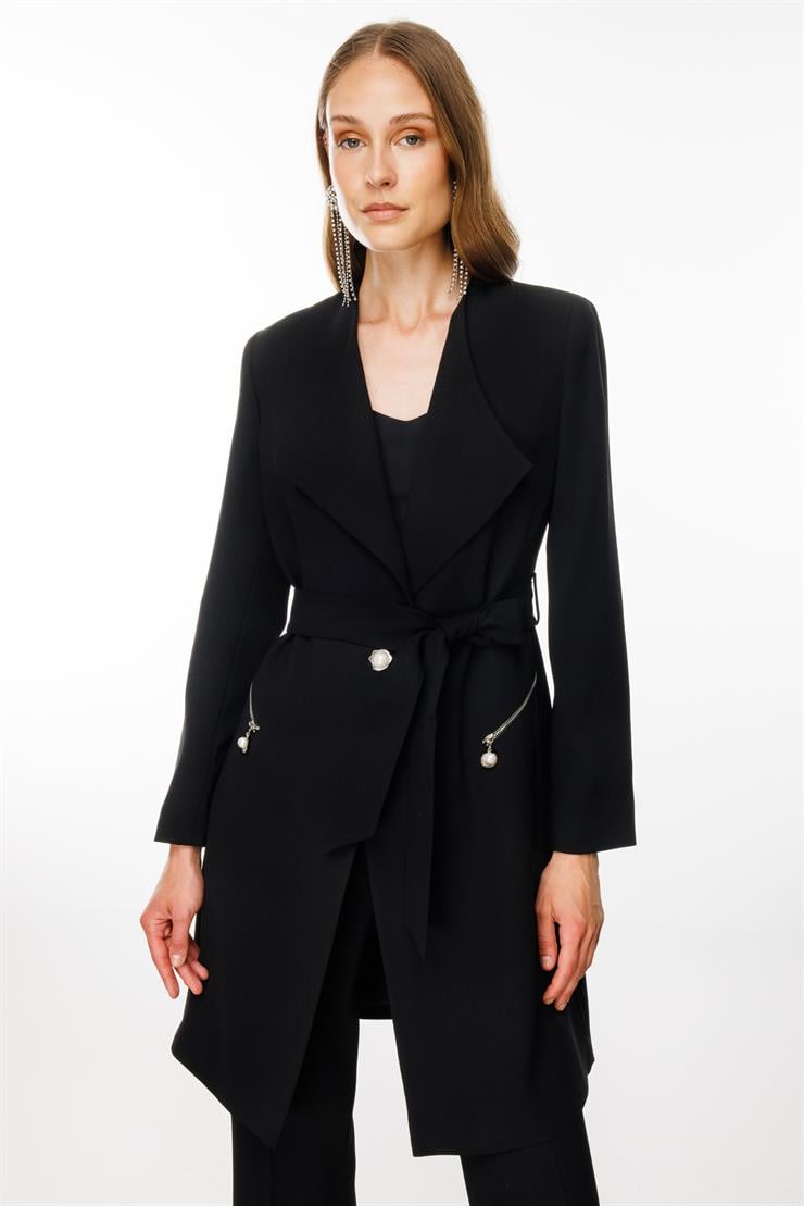 Modailgi  Şal Yaka Belden Kuşaklı Uzun Ceket Siyah