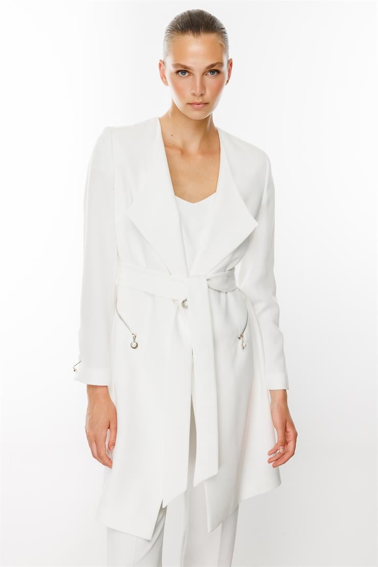 Modailgi  Şal Yaka Belden Kuşaklı Uzun Ceket Ekru