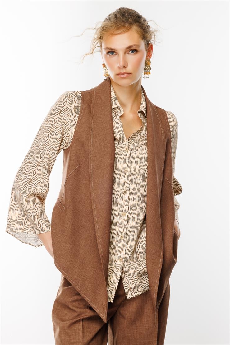 Modailgi  Şal Yaka Detaylı Formlu Kısa Yelek Kahve