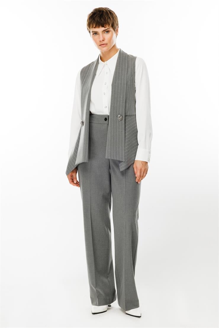 Modailgi  Şal Yaka Süs Düğme Detaylı Çizgili Yelek Gri