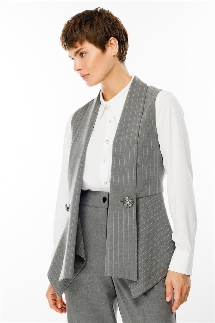 Modailgi  Şal Yaka Süs Düğme Detaylı Çizgili Yelek Gri