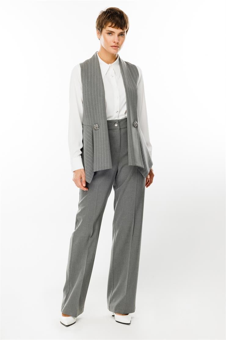 Modailgi  Şal Yaka Süs Düğme Detaylı Çizgili Yelek Gri