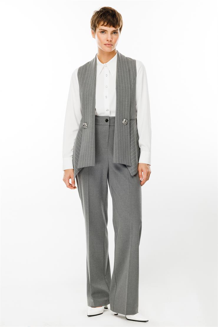 Modailgi  Şal Yaka Süs Düğme Detaylı Çizgili Yelek Gri