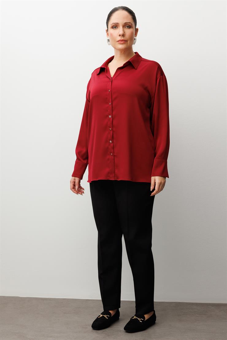 Modailgi  Salaş Kalıp Saten Gömlek Bordo