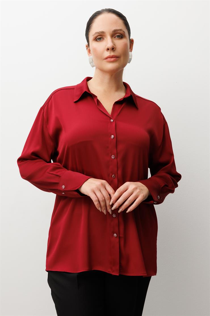 Modailgi  Salaş Kalıp Saten Gömlek Bordo