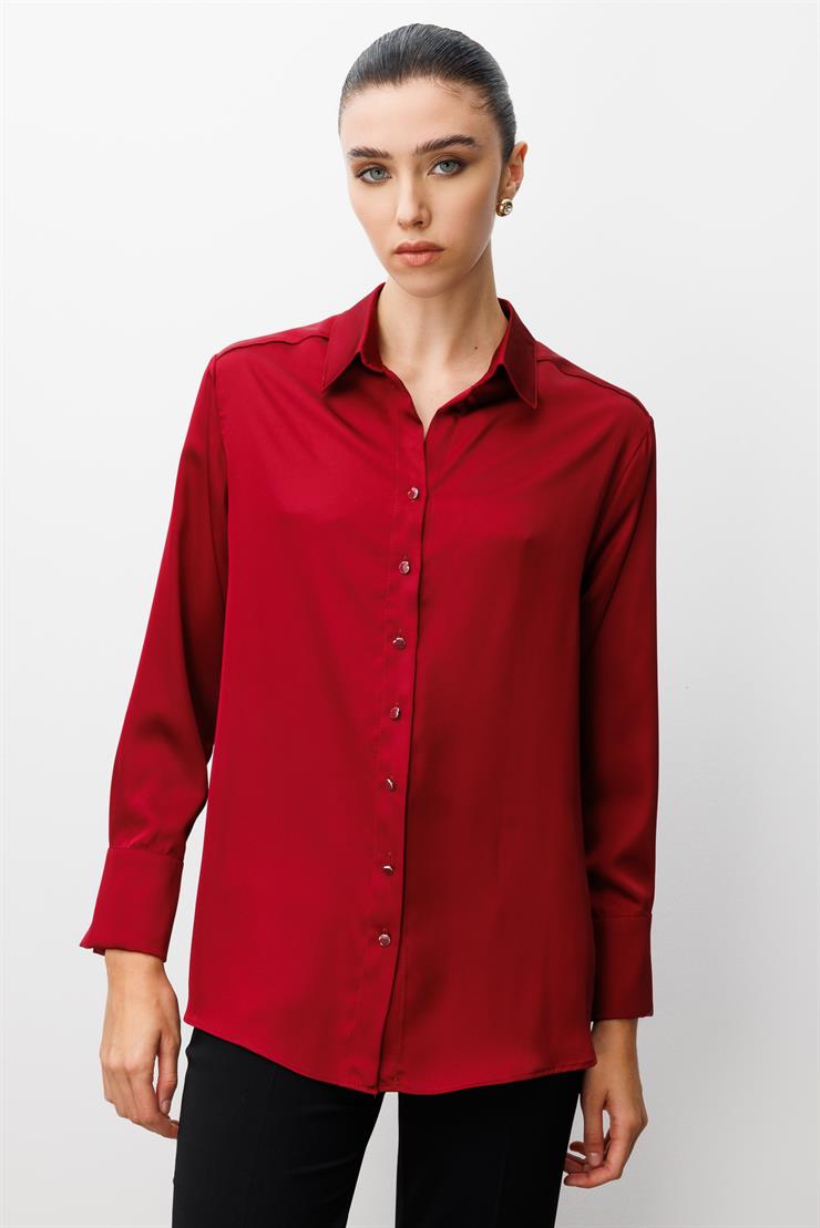 Modailgi  Salaş Kalıp Saten Gömlek Bordo