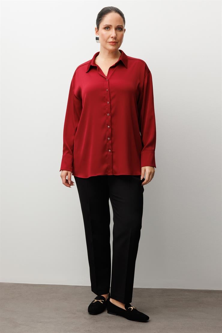 Modailgi  Salaş Kalıp Saten Gömlek Bordo