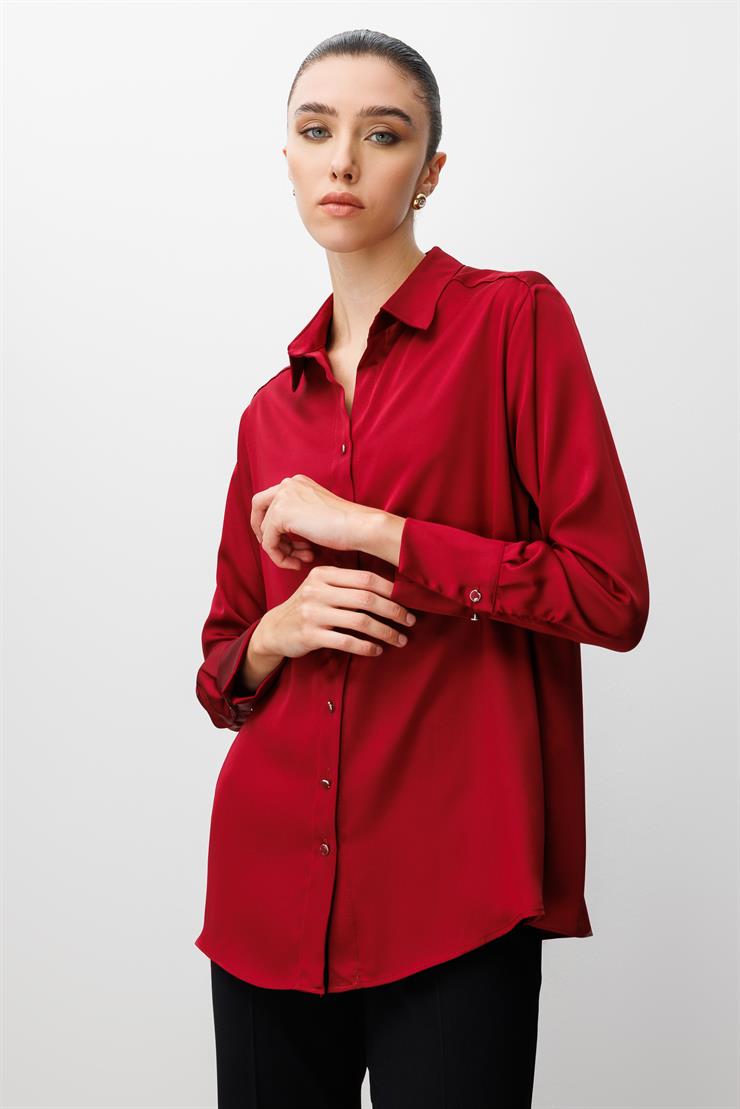 Modailgi  Salaş Kalıp Saten Gömlek Bordo