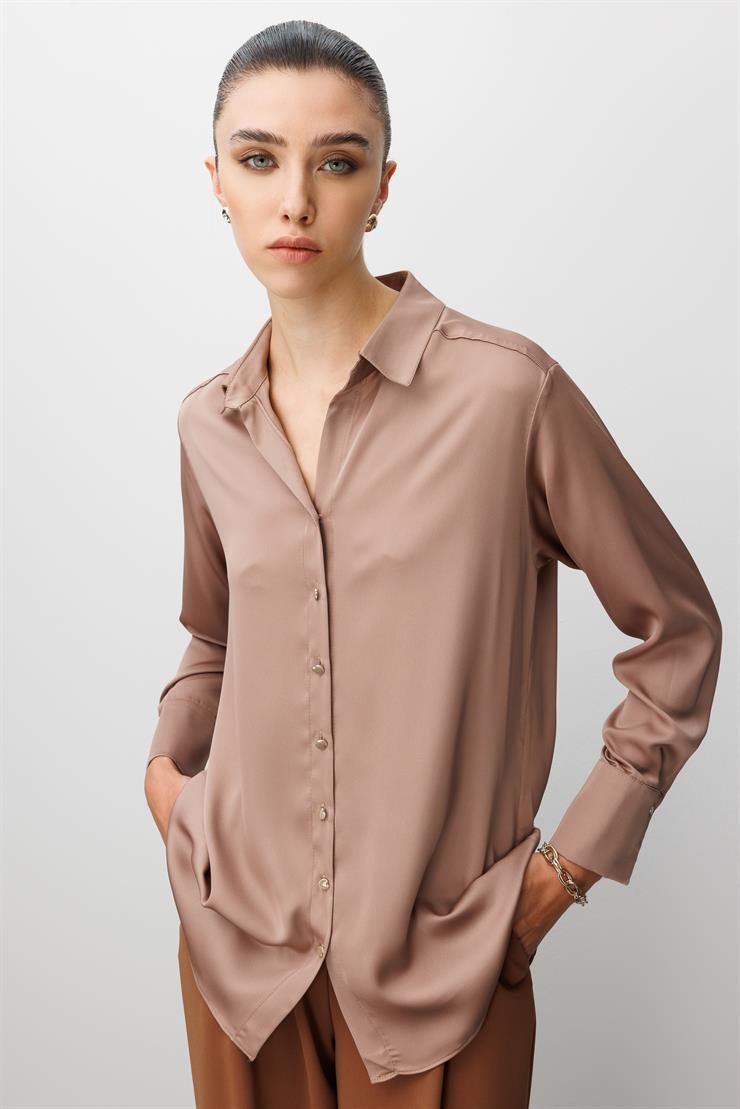 Modailgi  Salaş Kalıp Saten Gömlek Camel