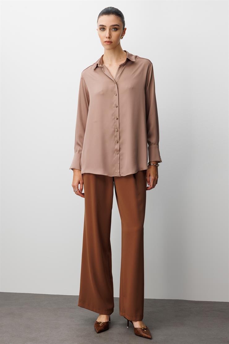 Modailgi  Salaş Kalıp Saten Gömlek Camel