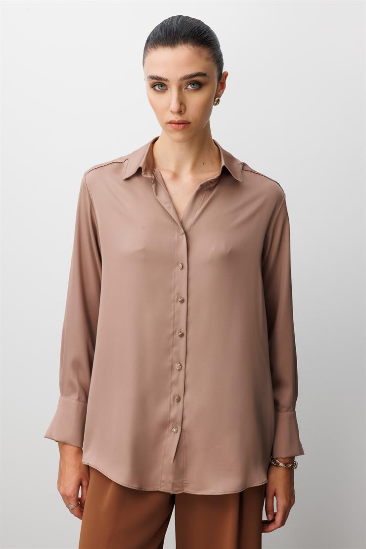 Modailgi  Salaş Kalıp Saten Gömlek Camel