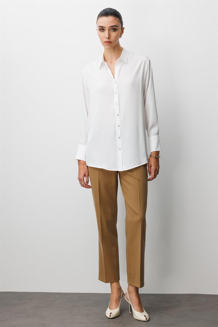 Modailgi  Salaş Kalıp Saten Gömlek Ekru