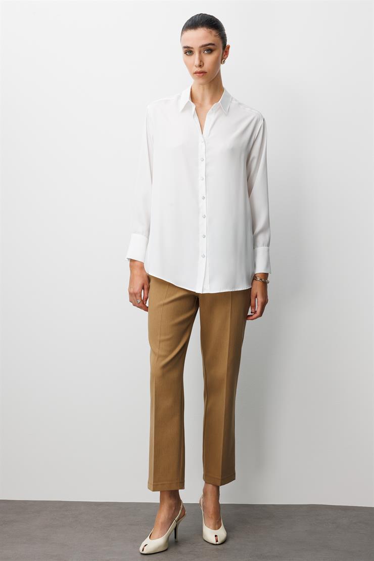 Modailgi  Salaş Kalıp Saten Gömlek Ekru