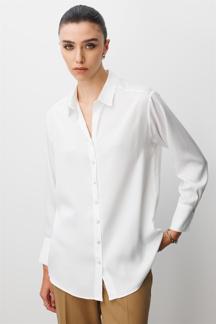 Modailgi  Salaş Kalıp Saten Gömlek Ekru