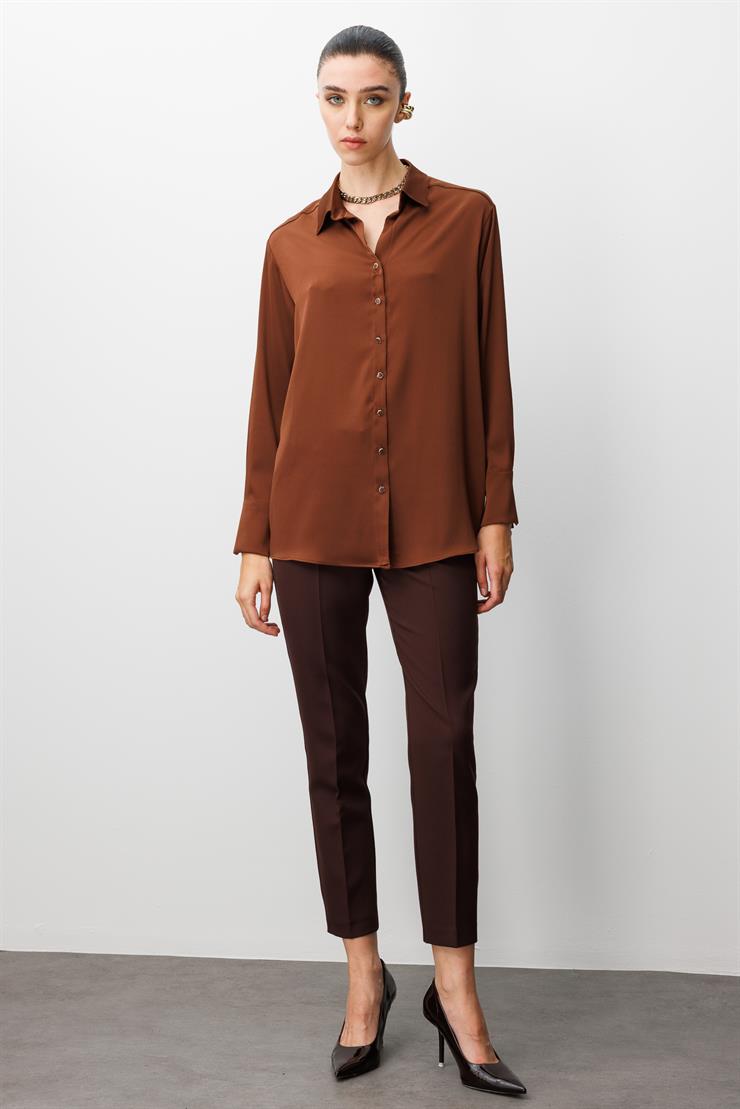 Modailgi  Salaş Kalıp Saten Gömlek Kahve