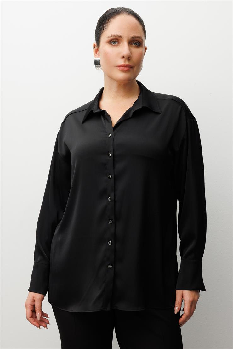 Modailgi  Salaş Kalıp Saten Gömlek Siyah