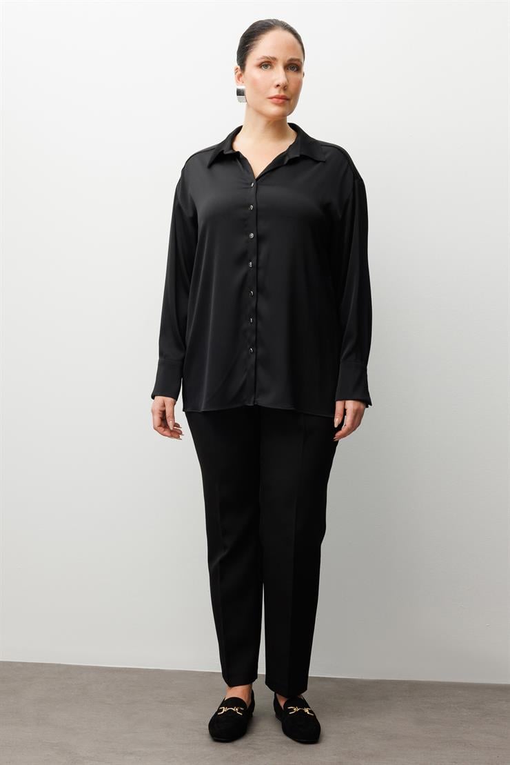 Modailgi  Salaş Kalıp Saten Gömlek Siyah