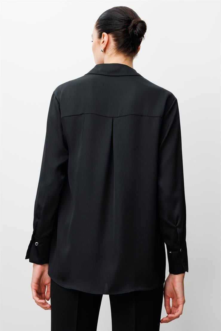 Modailgi  Salaş Kalıp Saten Gömlek Siyah