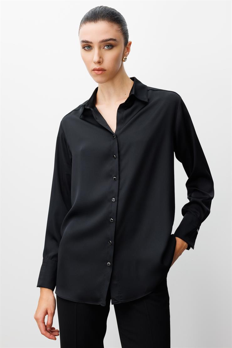 Modailgi  Salaş Kalıp Saten Gömlek Siyah