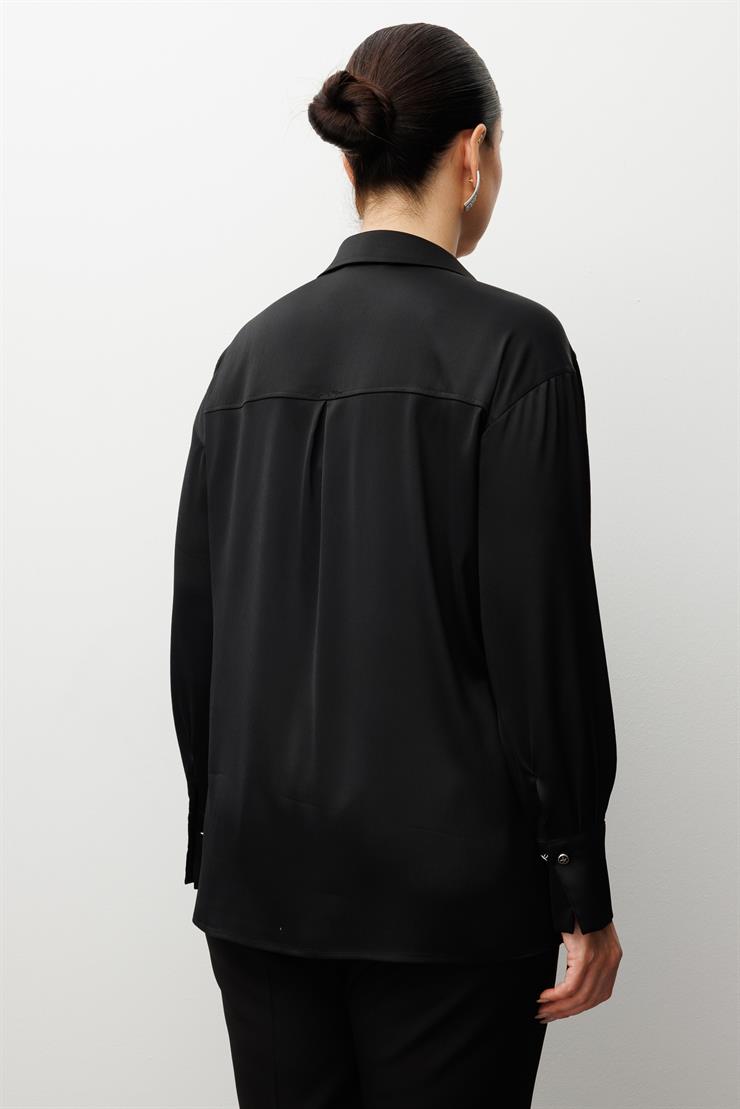 Modailgi  Salaş Kalıp Saten Gömlek Siyah