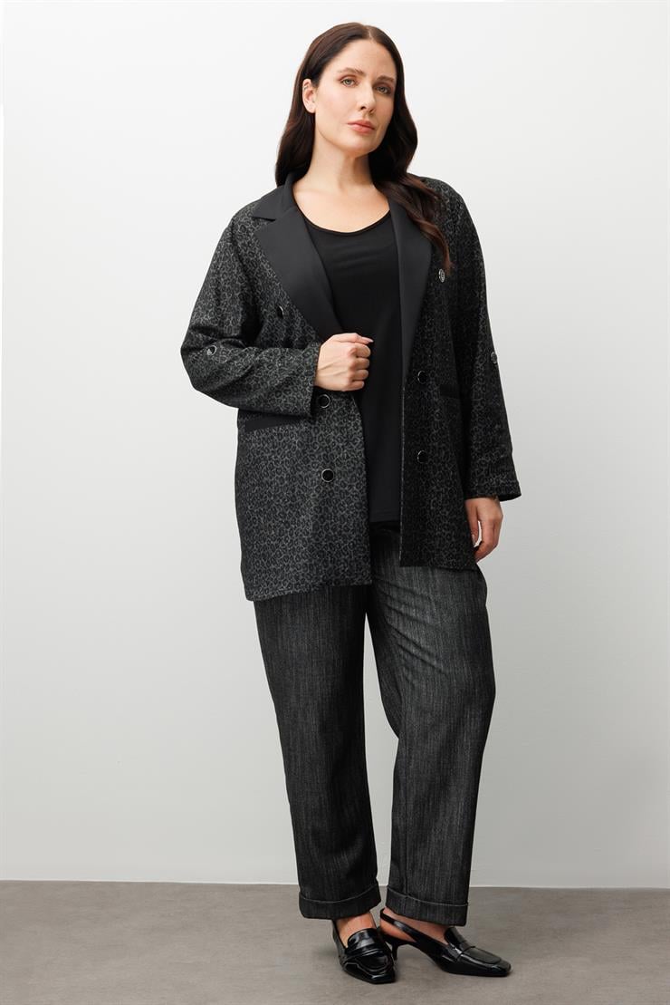 Modailgi  Salaş Takma Kol Leopar Ceket - 30086 Siyah