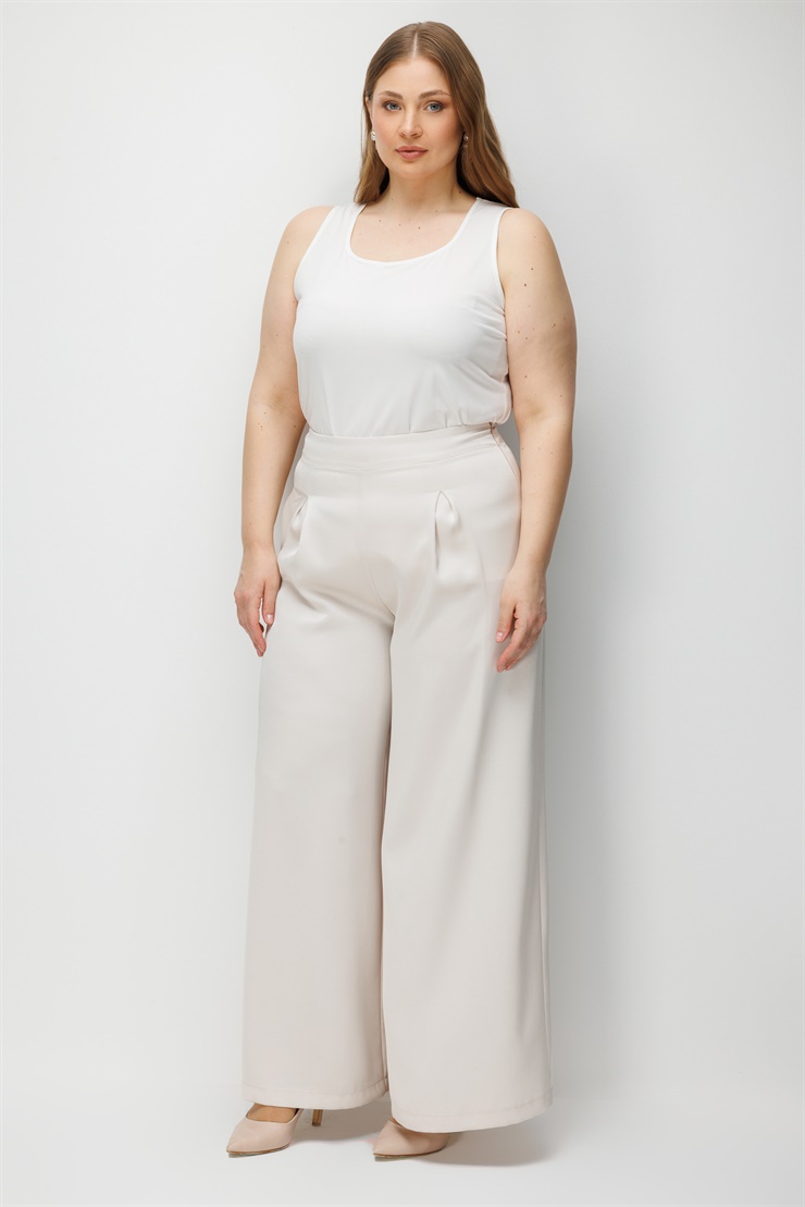 Modailgi  Saten Pileli Geniş Paça Pantolon - 50124 Taş