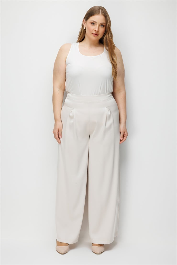 Modailgi  Saten Pileli Geniş Paça Pantolon - 50124 Taş