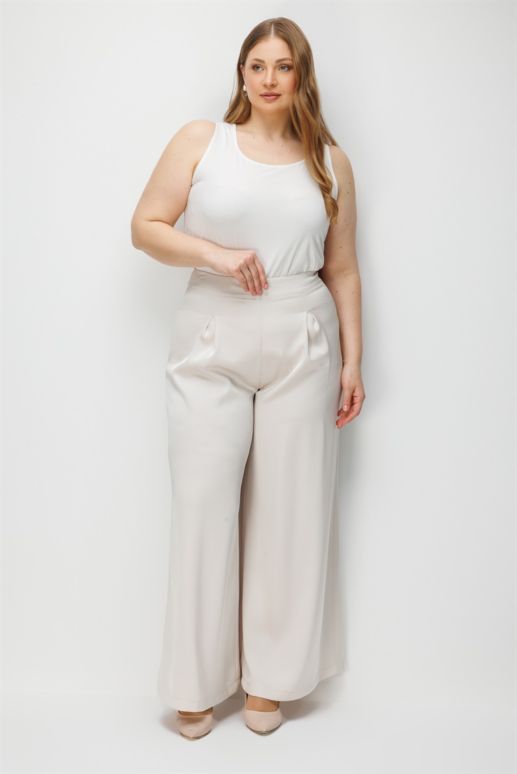 Modailgi  Saten Pileli Geniş Paça Pantolon - 50124 Taş