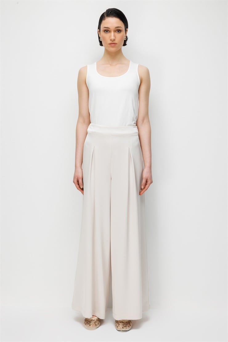 Modailgi  Saten Pileli Geniş Paça Pantolon - 70111 Taş