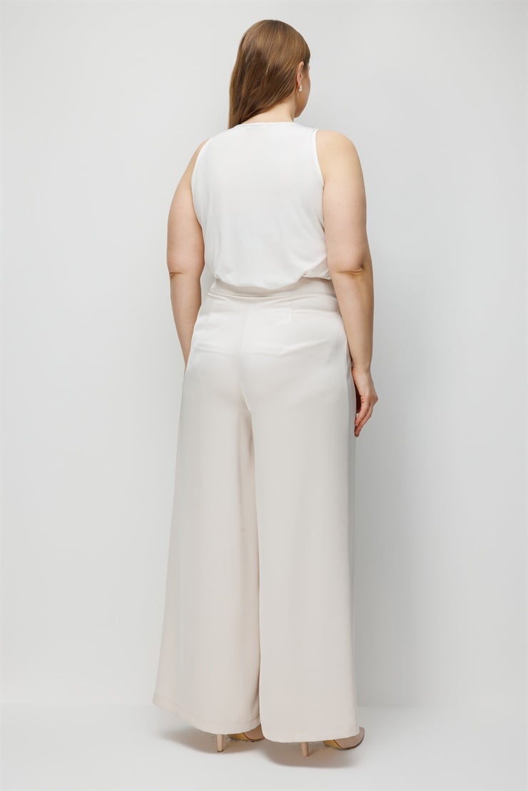 Modailgi  Saten Pileli Geniş Paça Pantolon - 50124 Taş