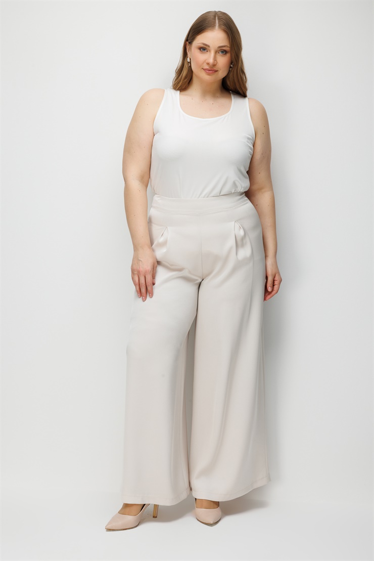 Modailgi  Saten Pileli Geniş Paça Pantolon - 50124 Taş