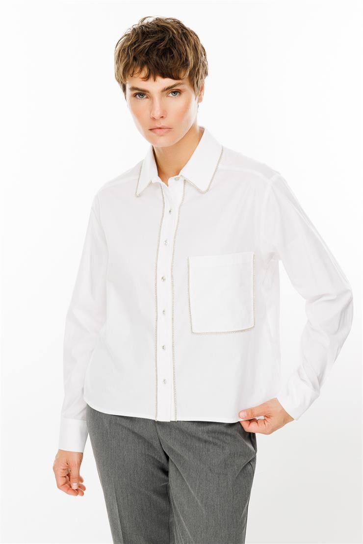 Modailgi  Şerit Taş Detaylı Koton Gömlek Beyaz