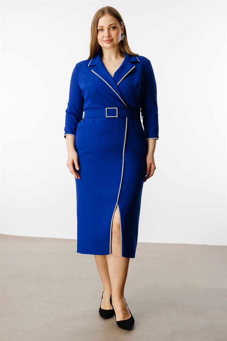 Modailgi  Şerit Taş Detaylı Kruvaze Elbise Saks