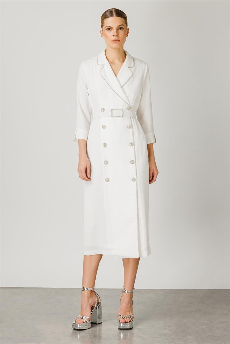 Modailgi  Şerit Taş Detaylı Kruvaze Elbise Ekru