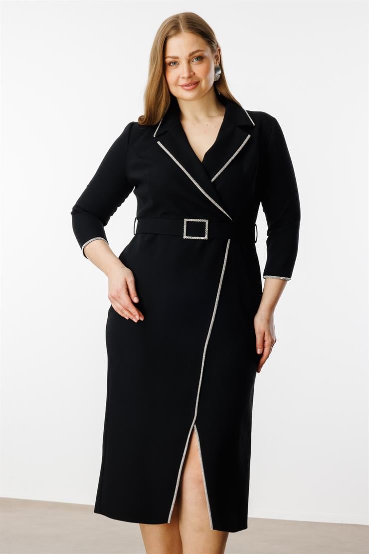 Modailgi  Şerit Taş Detaylı Kruvaze Elbise Siyah