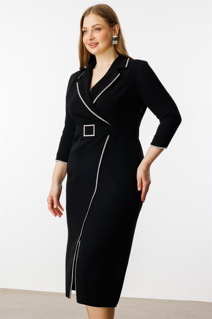 Modailgi  Şerit Taş Detaylı Kruvaze Elbise Siyah