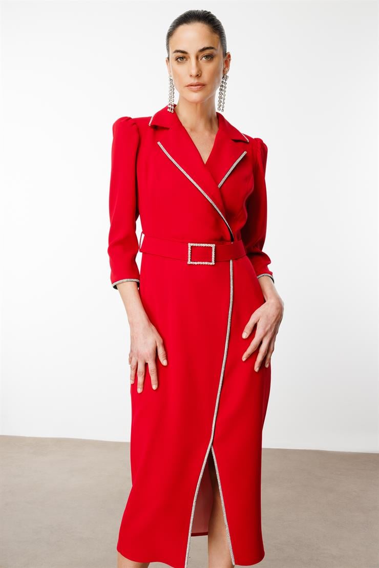 Modailgi  Şerit Taş Detaylı Kruvaze Elbise Kırmızı