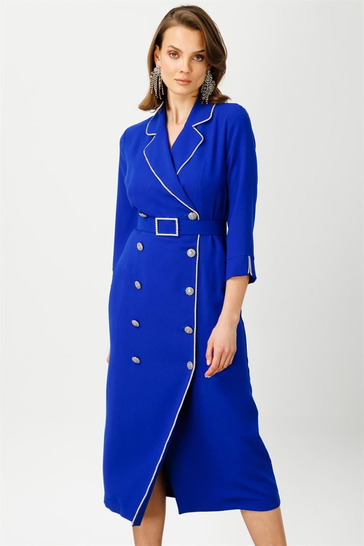 Modailgi  Şerit Taş Detaylı Kruvaze Elbise Saks