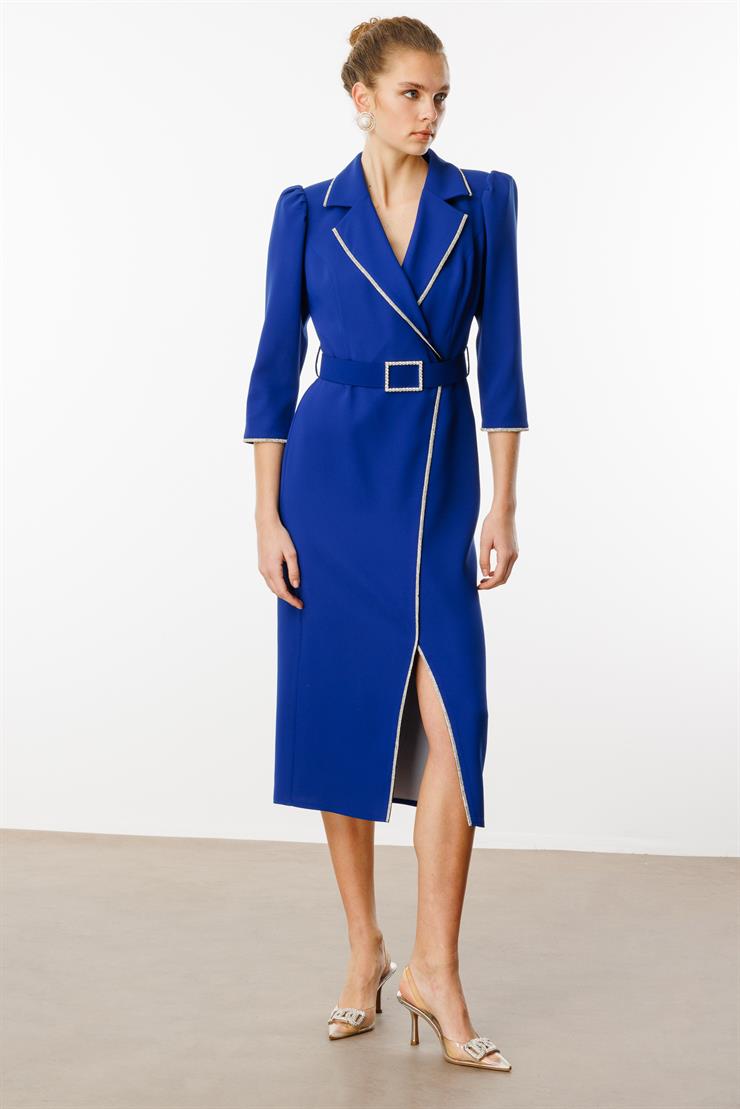 Modailgi  Şerit Taş Detaylı Kruvaze Elbise Saks