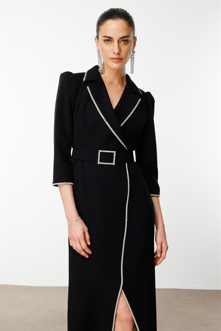 Modailgi  Şerit Taş Detaylı Kruvaze Elbise Siyah