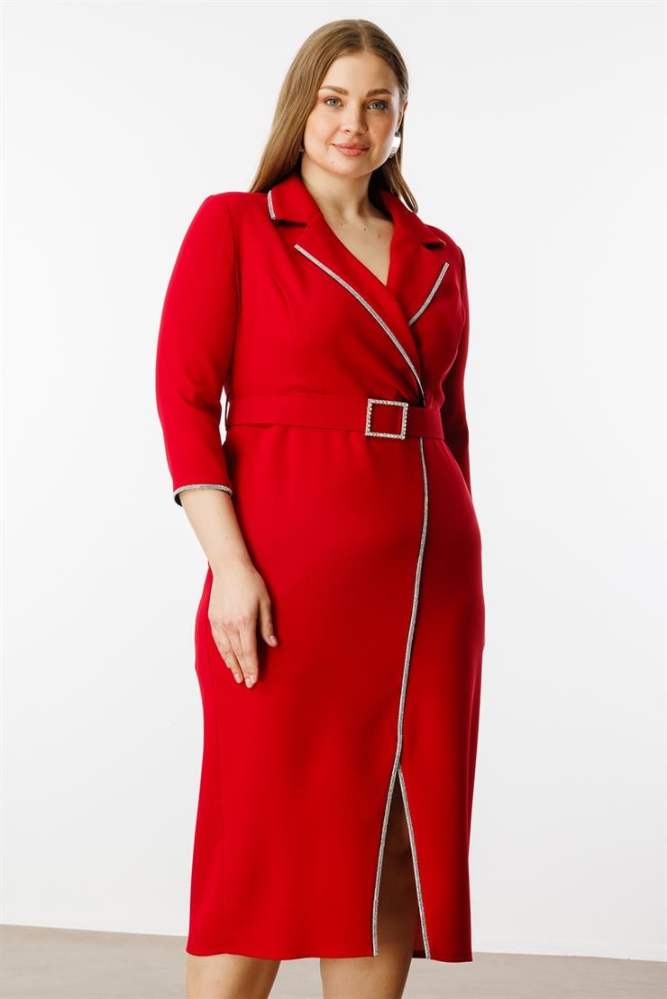 Modailgi  Şerit Taş Detaylı Kruvaze Elbise Kırmızı