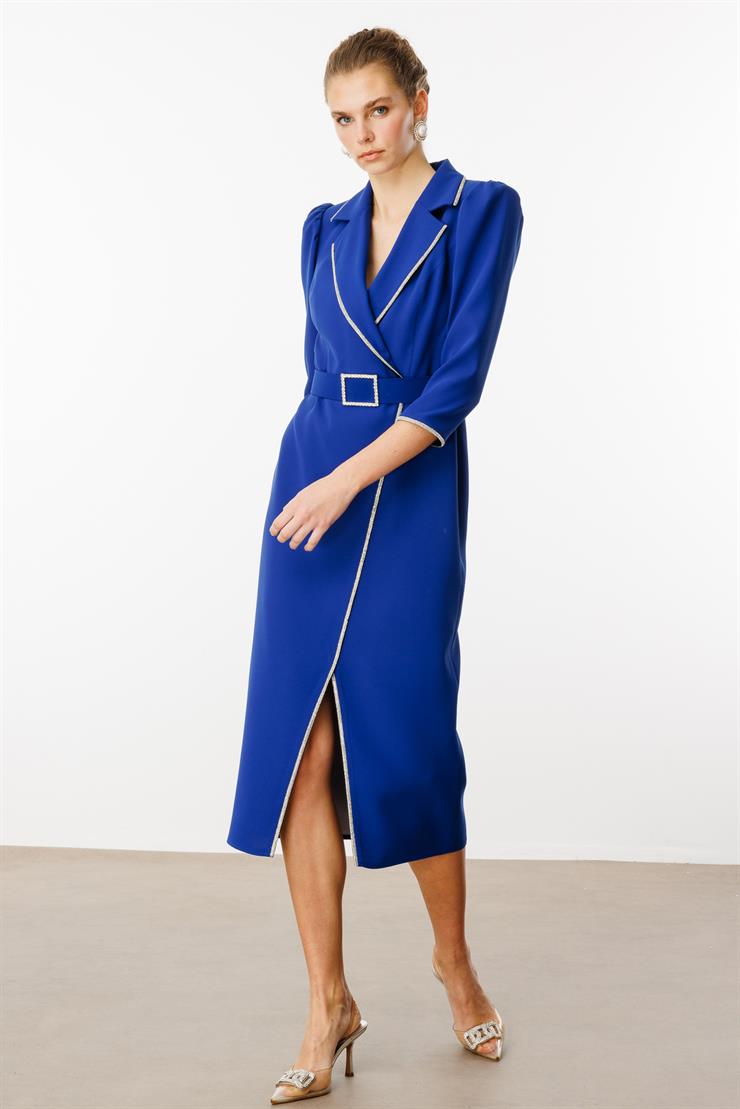 Modailgi  Şerit Taş Detaylı Kruvaze Elbise Saks