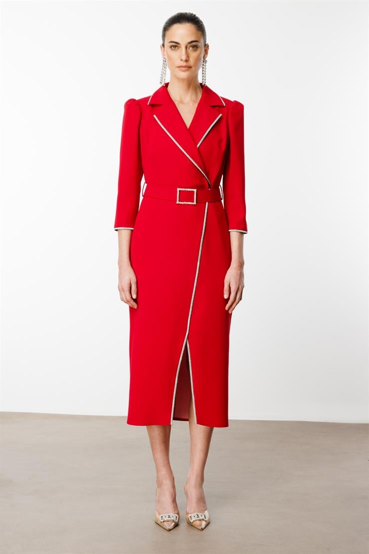 Modailgi  Şerit Taş Detaylı Kruvaze Elbise Kırmızı