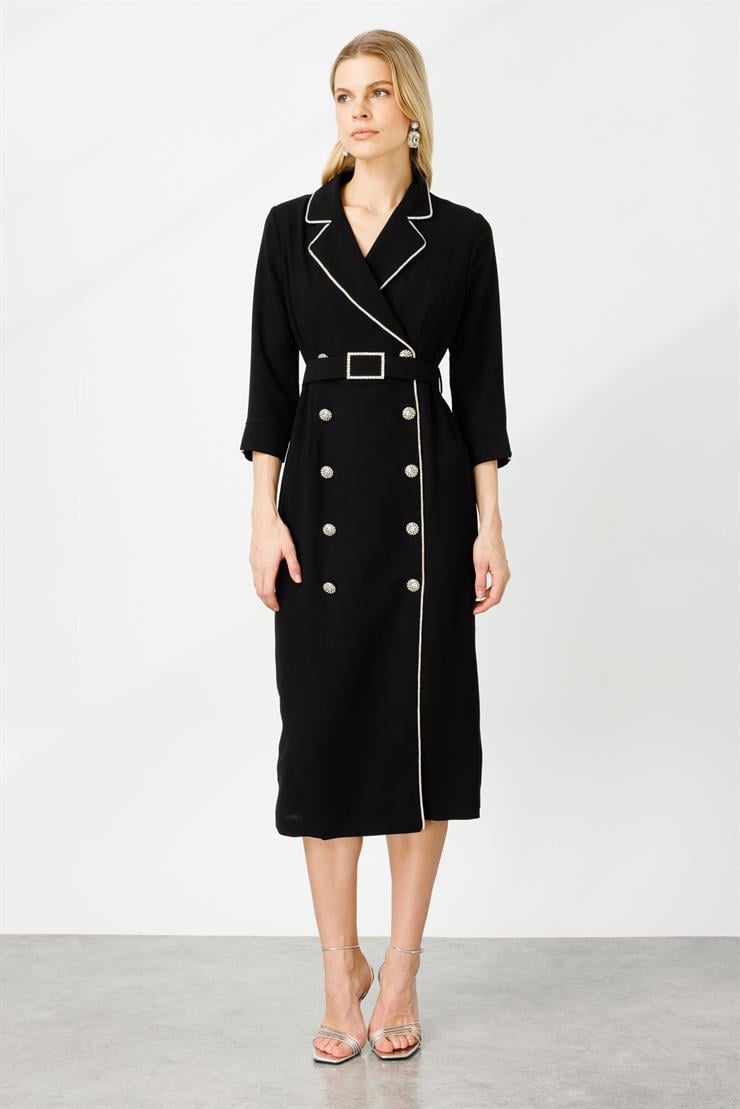 Modailgi  Şerit Taş Detaylı Kruvaze Elbise Siyah