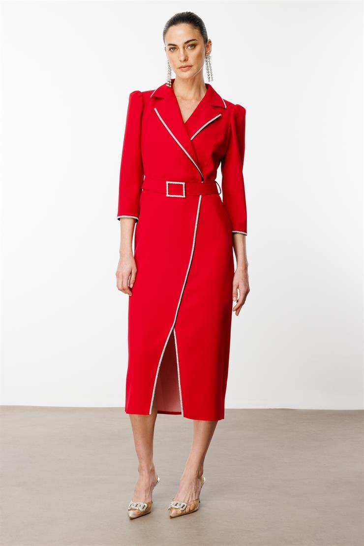 Modailgi  Şerit Taş Detaylı Kruvaze Elbise Kırmızı