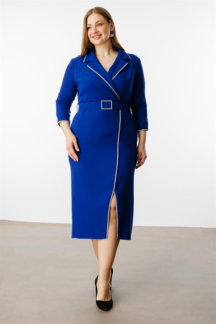 Modailgi  Şerit Taş Detaylı Kruvaze Elbise Saks