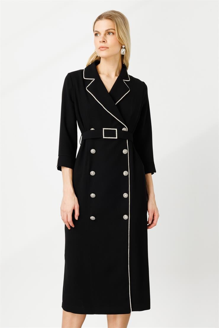 Modailgi  Şerit Taş Detaylı Kruvaze Elbise Siyah